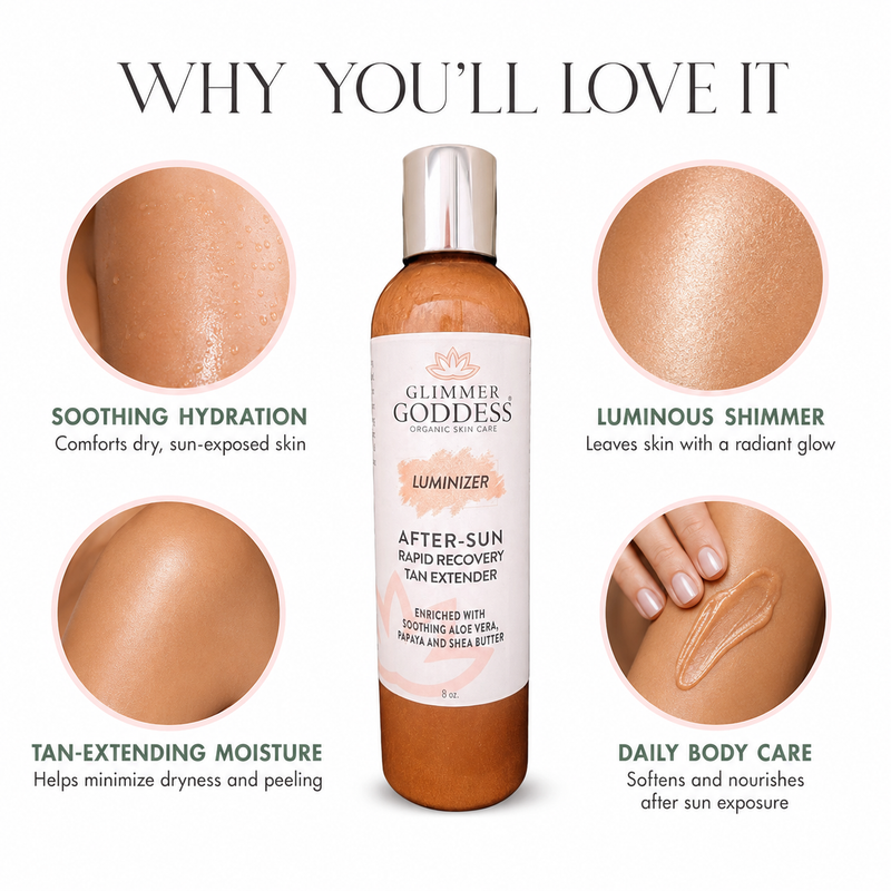 Glimmer Goddess® Organic Skin Care Organic After Sun Lotion & Tan Extender – Luminizing Shimmer Lotion & Moisturizer White Smoke
