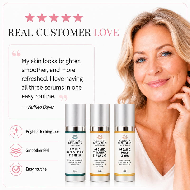 Glimmer Goddess® Organic Skin Care Organic Anti-Aging Trio – Vitamin C & Firming Serums Anti-Aging Skin Care Kits White Smoke