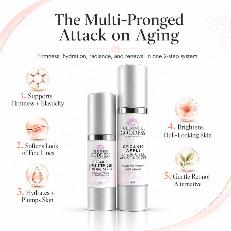 Glimmer Goddess® Organic Skin Care Cellular Renewal Duo – Apple Stem Cell Serum + Moisturizer Lotion & Moisturizer White Smoke