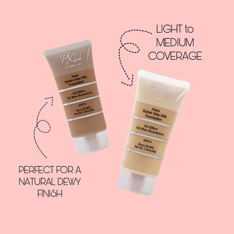 Prolux Cosmetics Aqua Stylish Silky Milk Oil Free Foundation Face Foundation Pink 1 Natural Beige,2 Soft Ivory,3 Creamy Beige,4 Medium Beige,5 Soft Beige,6 Dark Beige,11 Golden Natural,12 Nude Fair,13 Honey,14 Honey Fair,15 Golden Dark,16 Spiced Almond