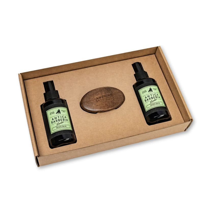 Antica Barberia Mondial US Balsamic Beard Care Gift Set: Beard Brush + 100ml Beard Balm & Wash Gift Set White Smoke