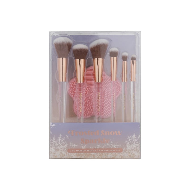 Profusion Cosmetics Frosted Snow Sparkle | 7 PC Makeup Brush & Cleaning Mat Set Brush Dark Gray