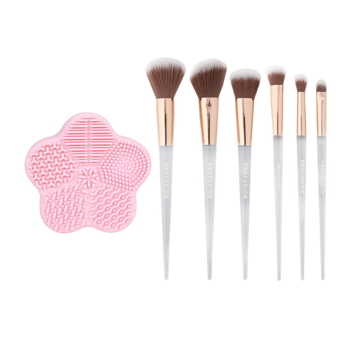 Profusion Cosmetics Frosted Snow Sparkle | 7 PC Makeup Brush & Cleaning Mat Set Brush Light Gray