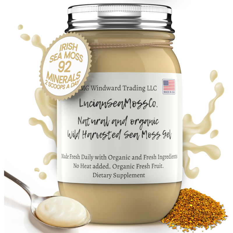 MG Windward Trading LLC Bee Pollen Infused Organic Sea Moss Gel Herbal Gel Light Gray 8 oz. / Without Agave,8 oz. / WIth Agave,16 oz. / Without Agave,16 oz. / WIth Agave,32 oz. / Without Agave,32 oz. / WIth Agave