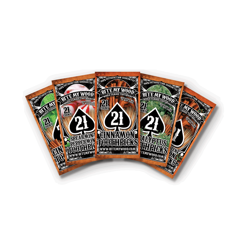 BiteMyWood Flavored Birchwood Toothpicks Variety Pack, 21-Count Resealable Bags Beauty & Personal Care - Nasal & Oral Care - Dental Floss & Picks Black Get All 5,Cinnamon,Cinnamint,Eucalyptus,Mint,Wintergreen