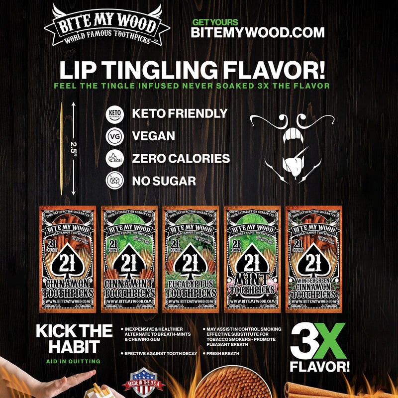 BiteMyWood Flavored Birchwood Toothpicks Variety Pack, 21-Count Resealable Bags Beauty & Personal Care - Nasal & Oral Care - Dental Floss & Picks Tan Get All 5,Cinnamon,Cinnamint,Eucalyptus,Mint,Wintergreen