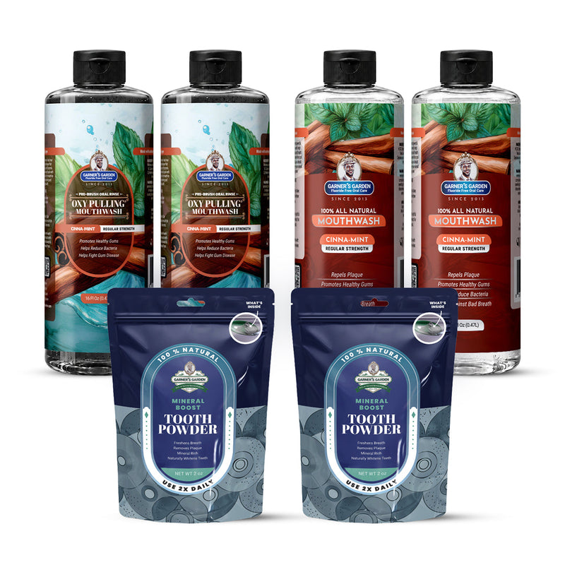 Garner's Garden 2 Pack Oral Care Package | Trio | H2O2 | Fluoride Free Packages White Smoke 2 x 16oz Regular Cinnamint Mouthwash & Oxy Pulling / 2 x 2oz Regular Tooth Powder