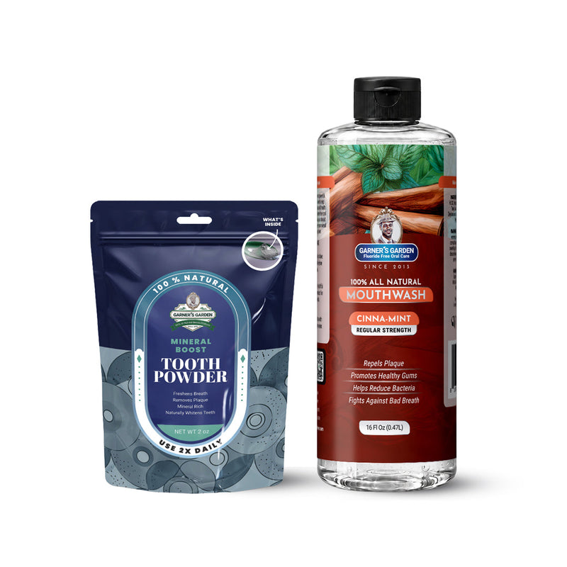 Garner's Garden Natural Mouthwash and Tooth Powder | H2O2 | Antibacterial Fluoride-Free Mouthwash White Smoke 16 oz Regular Cinnamint Mouthwash / 2 oz Regular Tooth Powder