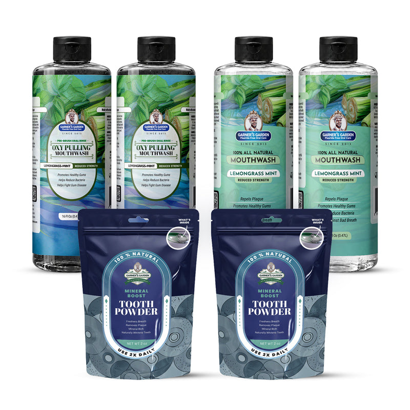Garner's Garden 2 Pack Oral Care Package | Trio | H2O2 | Fluoride Free Packages White Smoke 2 x 16oz Reduced Lemongrassmint Mouthwash & Oxy Pulling / 2 x 2oz Regular Tooth Powder