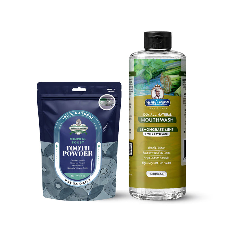 Garner's Garden Natural Mouthwash and Tooth Powder | H2O2 | Antibacterial Fluoride-Free Mouthwash White Smoke 16 oz Regular Lemongrassmint Mouthwash / 2 oz Regular Tooth Powder