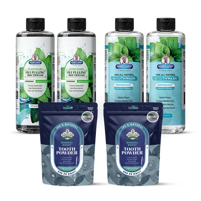 Garner's Garden 2 Pack Oral Care Package | Trio | H2O2 | Fluoride Free Packages White Smoke 2 x 16oz Reduced Peppermint Mouthwash & Oxy Pulling / 2 x 2oz Regular Tooth Powder