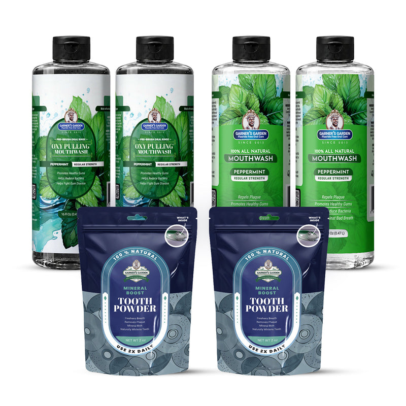 Garner's Garden 2 Pack Oral Care Package | Trio | H2O2 | Fluoride Free Packages White Smoke 2 x 16oz Regular Peppermint Mouthwash & Oxy Pulling / 2 x 2oz Regular Tooth Powder