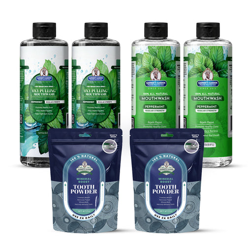 Garner's Garden 2 Pack Oral Care Package | Trio | H2O2 | Fluoride Free Packages White Smoke 2 x 16oz Regular Peppermint Mouthwash & Oxy Pulling / 2 x 2oz Regular Tooth Powder