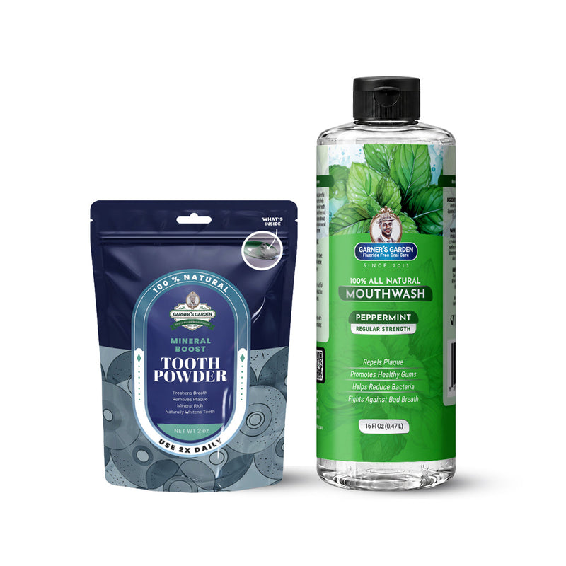 Garner's Garden Natural Mouthwash and Tooth Powder | H2O2 | Antibacterial Fluoride-Free Mouthwash White Smoke 16 oz Regular Peppermint Mouthwash / 2 oz Regular Tooth Powder