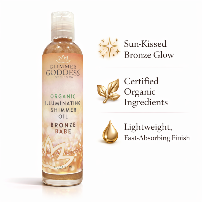 Glimmer Goddess® Organic Skin Care Organic Shimmer Body Oil for a Soft, Non-Greasy Body Glow Shimmer White Smoke Bronze Babe — Best for medium, olive, tan, and deep skin