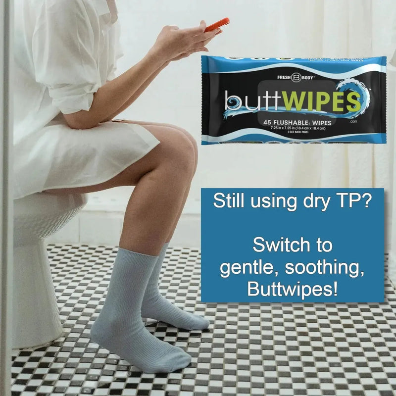 Fresh Body FB® Buttwipes Singles - Individually Wrapped Flushable Wipes (select quantity) Adult Hygienic Wipes Gray 15 Pack,30 Pack,60 Pack,90 Pack