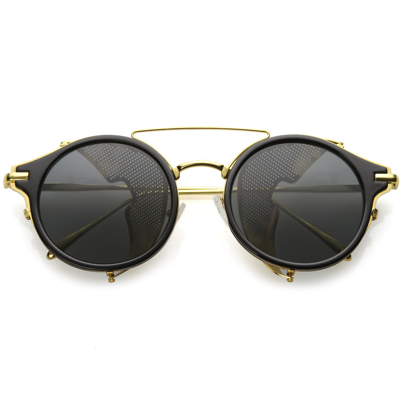 zeroUV Vintage Dapper Steampunk Side Cover Round Sunglasses C083 Sunglasses White Smoke Tortoise Gold Brown,Black Gold Smoke,Black Silver Smoke,Black Black Green