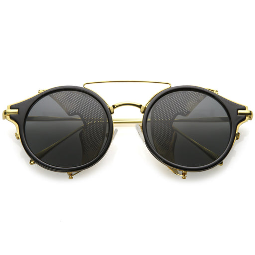 zeroUV Vintage Dapper Steampunk Side Cover Round Sunglasses C083 Sunglasses White Smoke Tortoise Gold Brown,Black Gold Smoke,Black Silver Smoke,Black Black Green