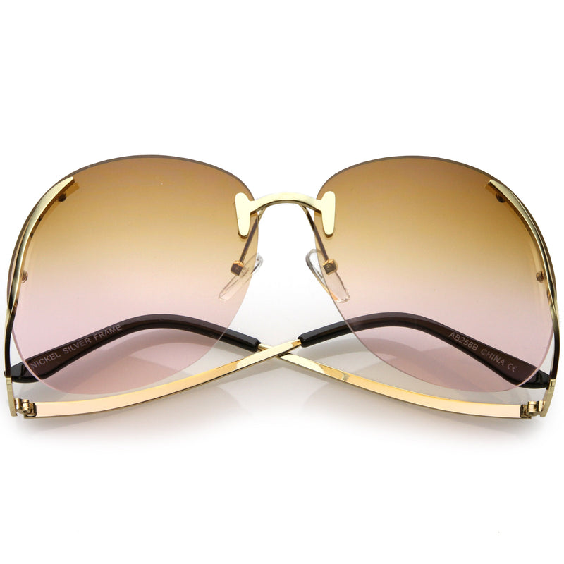 zeroUV Rimless Curved Metal Arms Round Color Tinted Lens Oversize Sunglasses C428 Sunglasses White Smoke Gold / Brown Pink