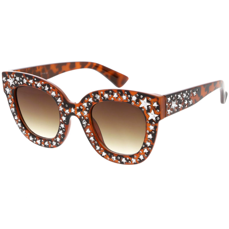 zeroUV Women's Trendy Star Rhinestone Horned Rim Sunglasses C579 Sunglasses White Smoke Black Smoke,Clear Smoke Gradient,Tortoise Amber