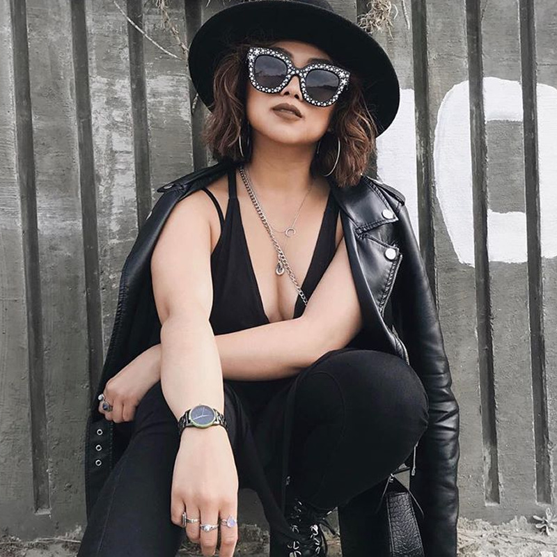 zeroUV Women's Trendy Star Rhinestone Horned Rim Sunglasses C579 Sunglasses Black Black Smoke,Clear Smoke Gradient,Tortoise Amber