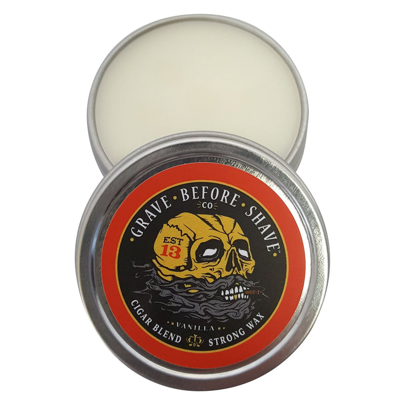 Grave Before Shave Fisticuffs™  Cigar Blend Strong Hold Mustache Wax 1 OZ. Tin Mustache Wax Gray