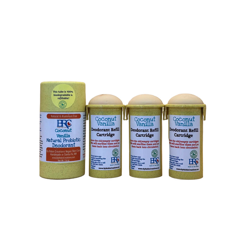 By Robin Creations Natural Probiotic Deodorant Stick Deodorant & Body Care White Smoke Coconut & Vanilla / 1 Full Tube + 3 Refills