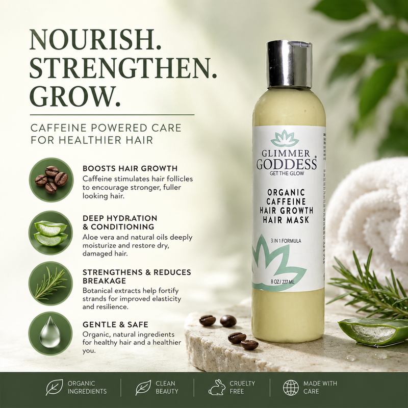 Glimmer Goddess® Organic Skin Care Organic Caffeine Hair Growth Mask – Deep Conditioning Treatment Hair Growth White Smoke 8 oz.