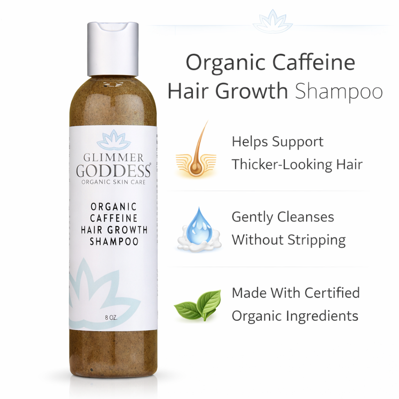Glimmer Goddess® Organic Skin Care Organic Caffeine Shampoo for Hair Growth – Stimulating Formula Hair Growth White Smoke 8 oz