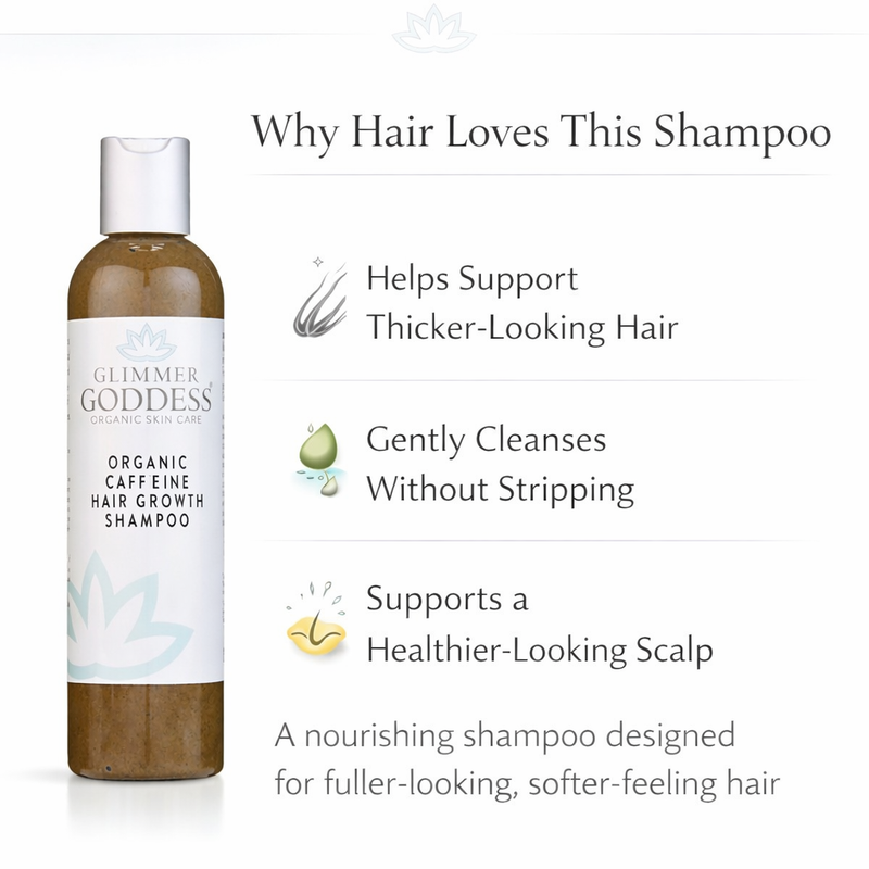 Glimmer Goddess® Organic Skin Care Organic Caffeine Shampoo for Hair Growth – Stimulating Formula Hair Growth White Smoke 8 oz