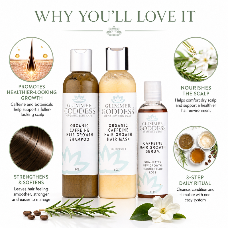 Glimmer Goddess® Organic Skin Care Organic Caffeine Hair Growth System – 3-Step Treatment Set Hair Growth White Smoke