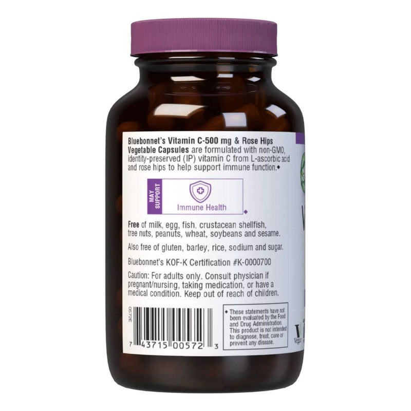 Bluebonnet Bluebonnet Kosher Vitamin C-500 mg Plus Rose Hips 90 Vegetable Capsules Vitamin Supplement Black