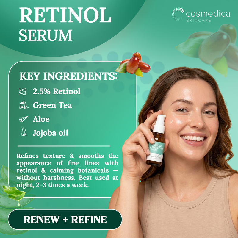 Cosmedica Skincare Cosmedica Skincare Facial Serum Trio Set – Vitamin C Serum, 2.5% Retinol Serum & Hyaluronic Acid Serum for Face – Anti Aging, Brightening & Hydrating Skincare – Reduce Wrinkles & Dark Spots – Vegan, Cruelty Free (3 x 1oz) Kit Medium Sea Green