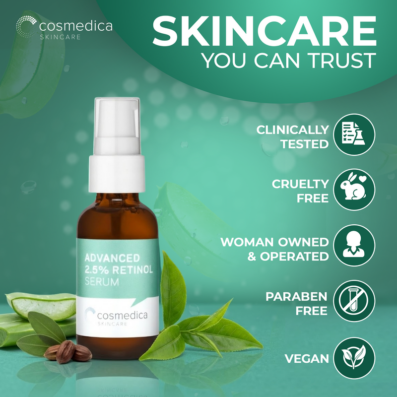 Cosmedica Skincare Cosmedica Skincare Retinol Serum 2.5% | Hydrating Vitamin A Serum with Green Tea Hyaluronic Acid Vitamin E | Non-Irritating Serum for Sensitive Skin Oily Skin | 1oz Health & Beauty Sea Green
