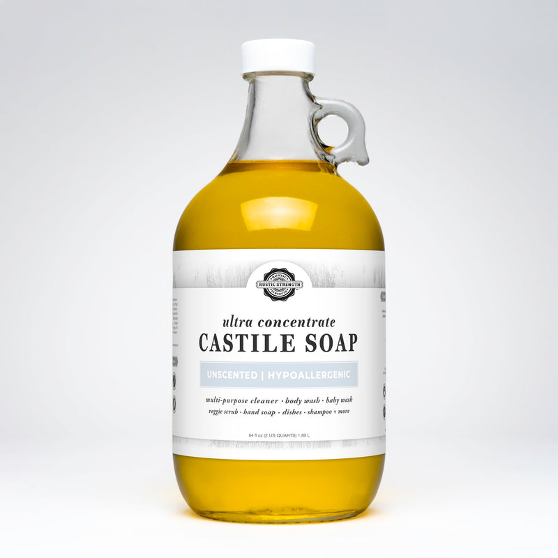 Rustic Strength Castile Soap - Ultra Concentrate | Unscented Multi-Purpose Cleaner Lavender Half Gallon Glass