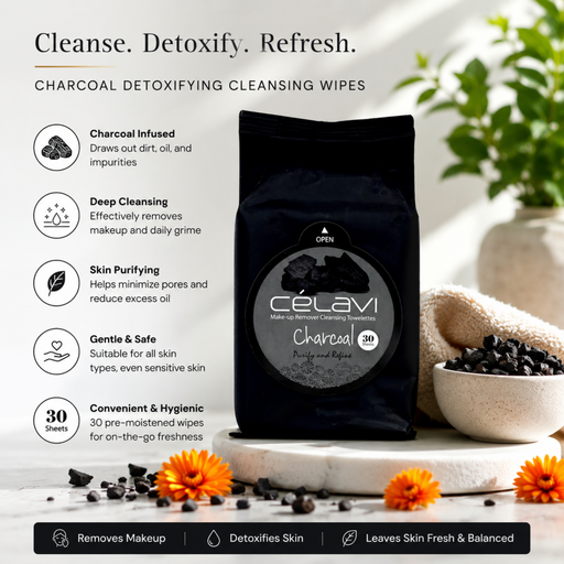 Sydoni Skincare and Beauty CHARCOAL PURIFYING CLEANSING TOWELETTES (30PK) Makeup Cleansing Wipes Black