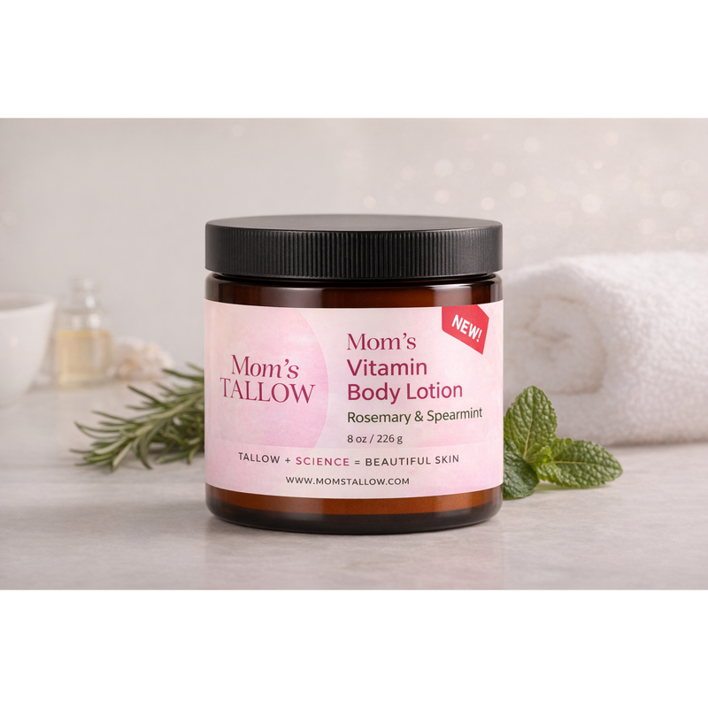 Mom’s Tallow Vitamin-Infused Tallow Body Lotion Light Gray Classic- Rosemary & Spearmint (Large 8 oz)