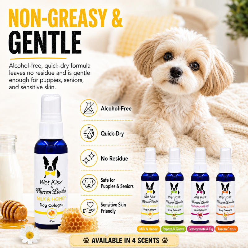 Warren London Wet Kiss Dog Cologne By Warren London - 2 Oz or 16 Oz Spa Product White Smoke Pomegranate & Fig 2oz,Milk & Honey 2oz,Tuscan Citrus 2oz,Papaya & Guava 2oz,Pomegranate & Fig 16oz,Milk & Honey 16oz,Tuscan Citrus 16oz,Papaya & Guava 16oz,All 4 Scents (2 Oz Each),All 4 Scents (16 Oz Each)