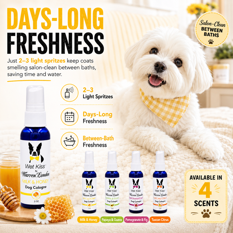 Warren London Wet Kiss Dog Cologne By Warren London - 2 Oz or 16 Oz Spa Product White Smoke Pomegranate & Fig 2oz,Milk & Honey 2oz,Tuscan Citrus 2oz,Papaya & Guava 2oz,Pomegranate & Fig 16oz,Milk & Honey 16oz,Tuscan Citrus 16oz,Papaya & Guava 16oz,All 4 Scents (2 Oz Each),All 4 Scents (16 Oz Each)