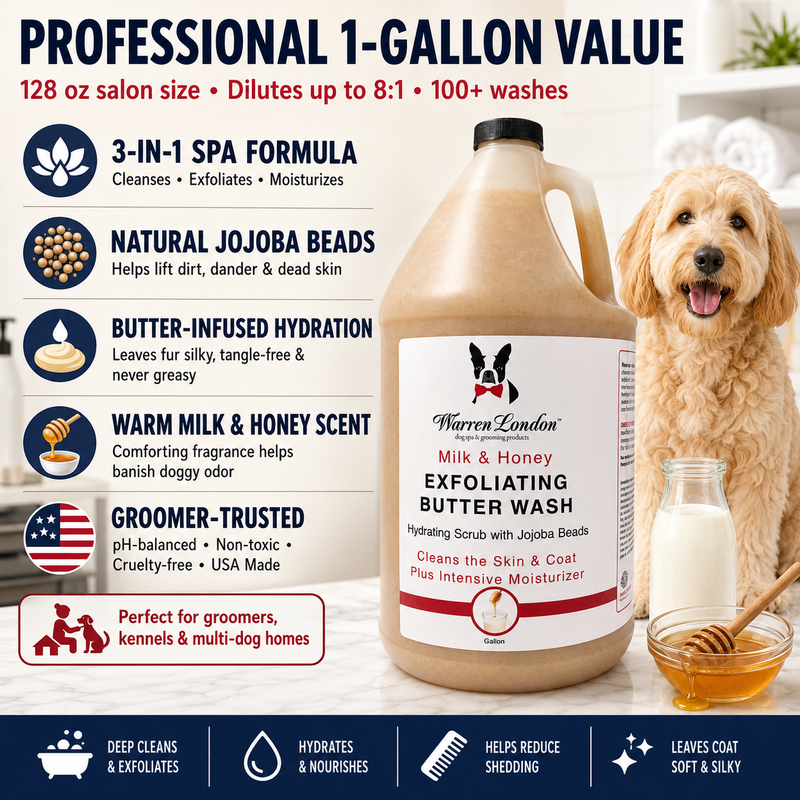 Warren London Exfoliating Butter Wash Dog Shampoo Gallons - With Natural Jojoba Beads Spa Product Seashell Pomegranate & Fig,Milk & Honey