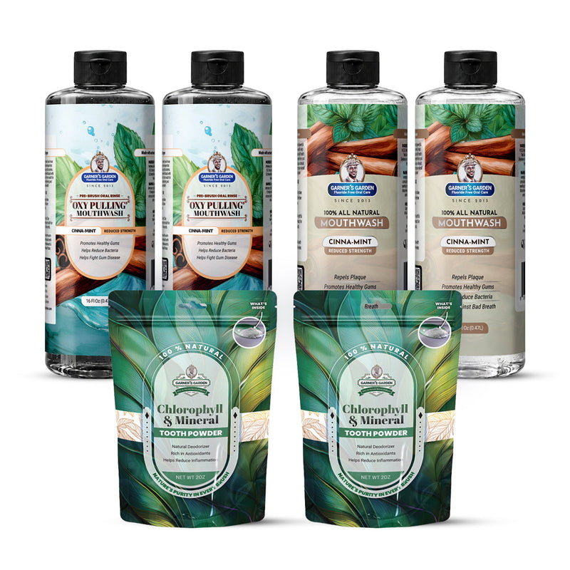 Garner's Garden 2 Pack Oral Care Package | Trio | H2O2 | Fluoride Free Packages White Smoke 2 x 16oz Reduced Cinnamint Mouthwash & Oxy Pulling / 2 x 2oz Chlorophyll Tooth Powder
