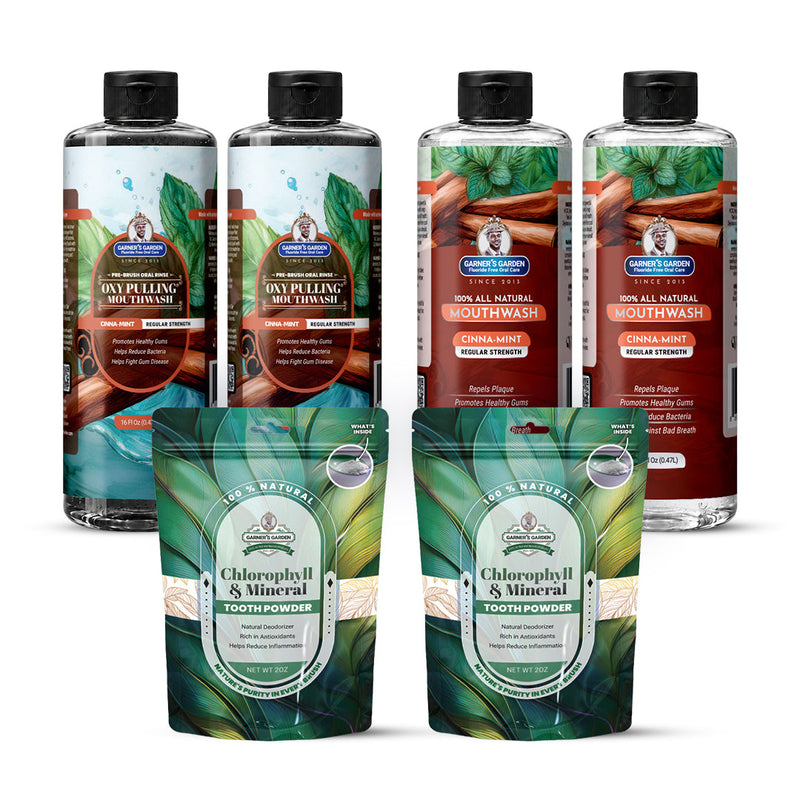 Garner's Garden 2 Pack Oral Care Package | Trio | H2O2 | Fluoride Free Packages White Smoke 2 x 16oz Regular Cinnamint Mouthwash & Oxy Pulling / 2 x 2oz Chlorophyll Tooth Powder