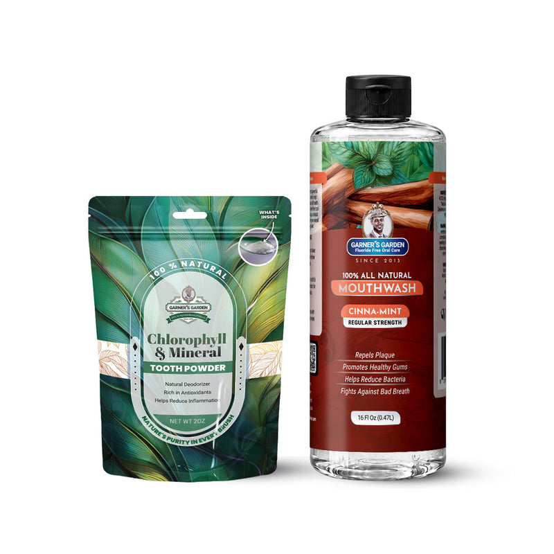 Garner's Garden Natural Mouthwash and Tooth Powder | H2O2 | Antibacterial Fluoride-Free Mouthwash White Smoke 16 oz Regular Cinnamint Mouthwash / 2oz Chlorophyll Tooth Powder