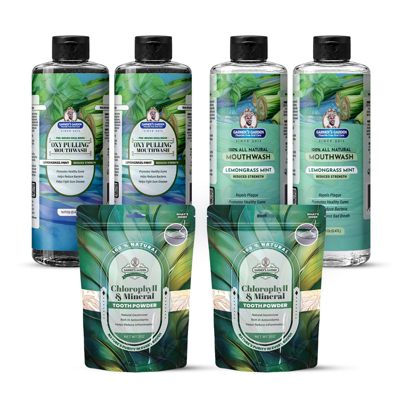 Garner's Garden 2 Pack Oral Care Package | Trio | H2O2 | Fluoride Free Packages White Smoke 2 x 16oz Reduced Lemongrassmint Mouthwash & Oxy Pulling / 2 x 2oz Chlorophyll Tooth Powder