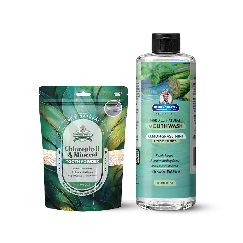 Garner's Garden Natural Mouthwash and Tooth Powder | H2O2 | Antibacterial Fluoride-Free Mouthwash White Smoke 16 oz Reduced Lemongrassmint Mouthwash / 2oz Chlorophyll Tooth Powder
