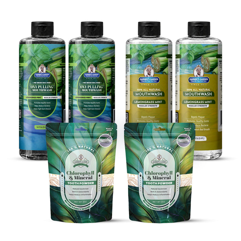 Garner's Garden 2 Pack Oral Care Package | Trio | H2O2 | Fluoride Free Packages White Smoke 2 x 16oz Regular Lemongrassmint Mouthwash & Oxy Pulling / 2 x 2oz Chlorophyll Tooth Powder