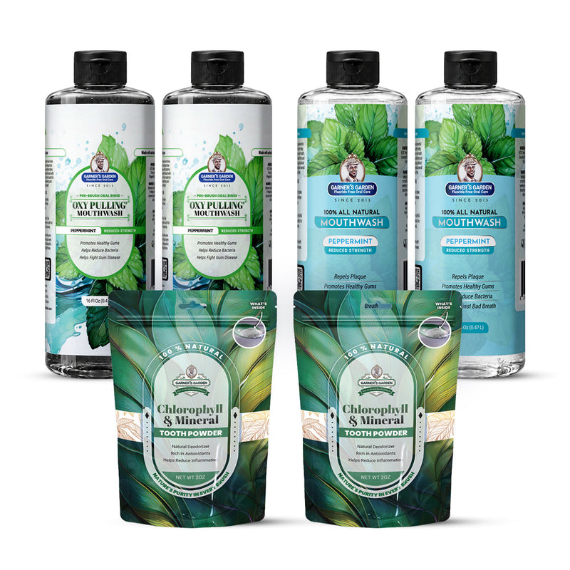 Garner's Garden 2 Pack Oral Care Package | Trio | H2O2 | Fluoride Free Packages White Smoke 2 x 16oz Reduced Peppermint Mouthwash & Oxy Pulling / 2 x 2oz Mother of Pearl Tooth Powder