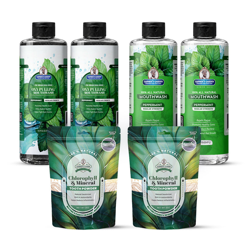Garner's Garden 2 Pack Oral Care Package | Trio | H2O2 | Fluoride Free Packages White Smoke 2 x 16oz Regular Peppermint Mouthwash & Oxy Pulling / 2 x 2oz Chlorophyll Tooth Powder