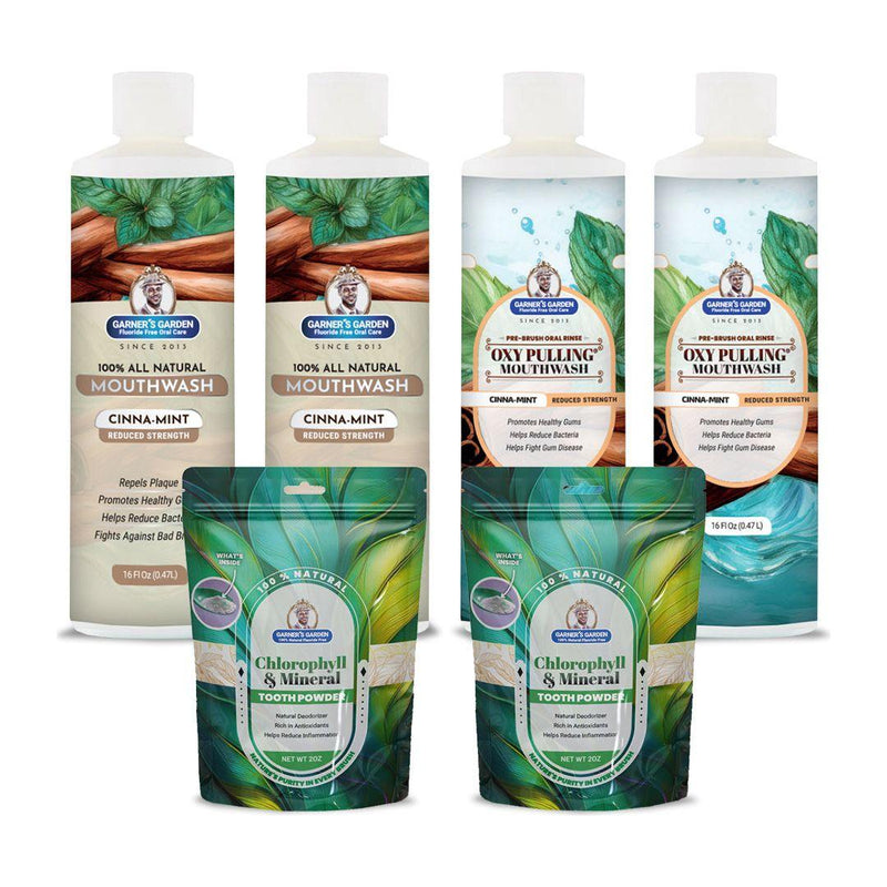 Garner's Garden 2 Pack Oral Care Package | Trio | H2O2 | Fluoride Free Packages White Smoke 2 x 16oz Reduced Cinnamint Mouthwash & Oxy Pulling / 2 x 2oz Chlorophyll Tooth Powder