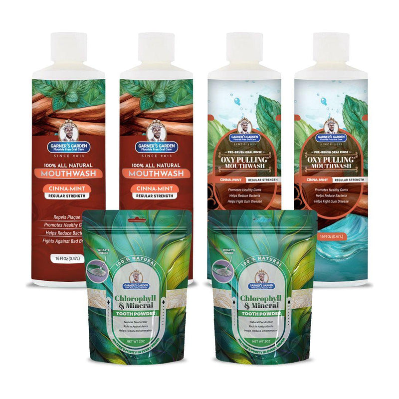Garner's Garden 2 Pack Oral Care Package | Trio | H2O2 | Fluoride Free Packages White Smoke 2 x 16oz Regular Cinnamint Mouthwash & Oxy Pulling / 2 x 2oz Chlorophyll Tooth Powder